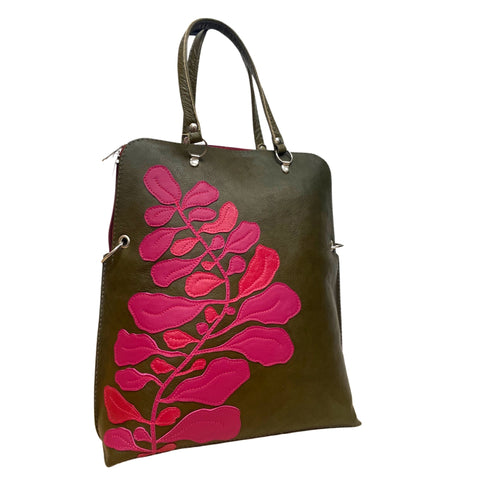 FIG LEAVES      large bag / rucksack      (Olive green & pink)
