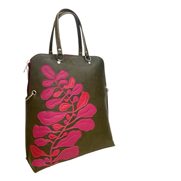 FIG LEAVES      large bag / rucksack      (Olive green & pink)