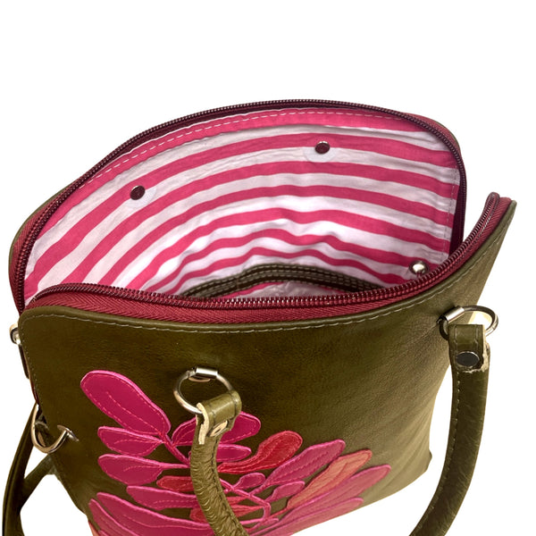 FIG LEAVES      large bag / rucksack      (Olive green & pink)